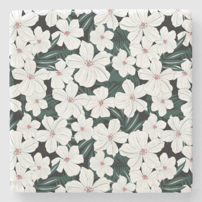 White Tropical Flowers Pattern Stone Coaster (Front)