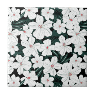 White Tropical Flowers Pattern Tile