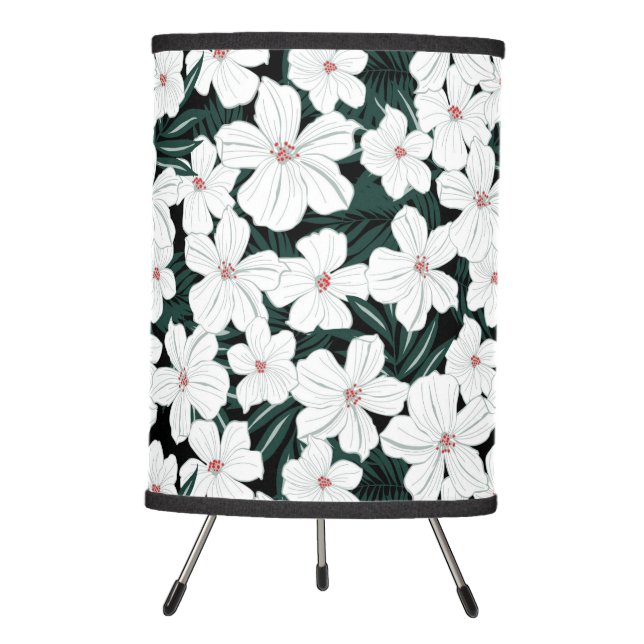 White Tropical Flowers Pattern Tripod Lamp (Front)