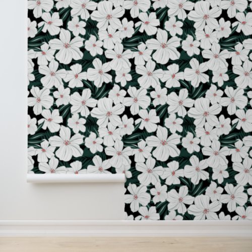 White Tropical Flowers Pattern Wallpaper