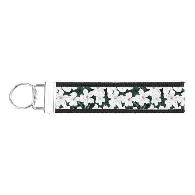 White Tropical Flowers Pattern Wrist Keychain (Keys on Left)