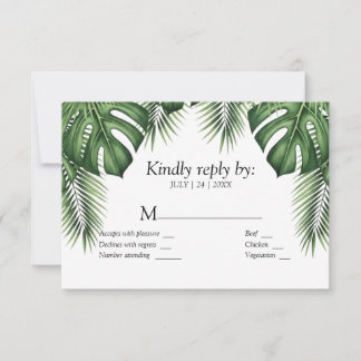 White Tropical Greenery Monstera Wedding RSVP Card