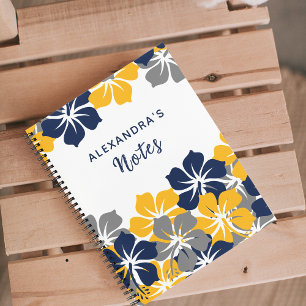 White Tropical Grey or Gray Blue Yellow Floral Notebook