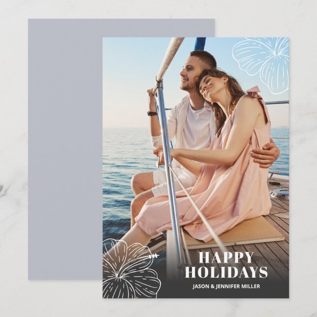 White Tropical Hawaiian Floral Photo Holiday Card (Front/Back)