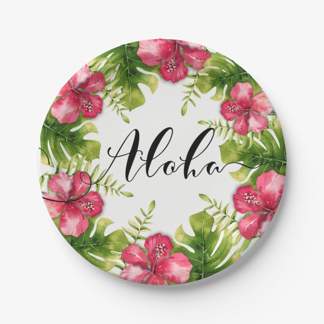 White Tropical Hibiscus Leaves ALOHA Wedding Party Paper Plates (Front)