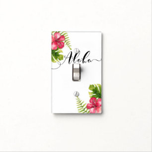 White Tropical Hibiscus Leaves Chic Aloha Hawaiian Light Switch Cover