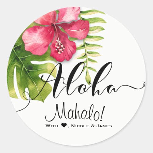 White Tropical Hibiscus Leaves Chic Wedding Favor Classic Round Sticker