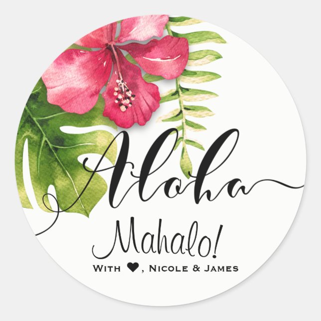 White Tropical Hibiscus Leaves Chic Wedding Favor Classic Round Sticker (Front)