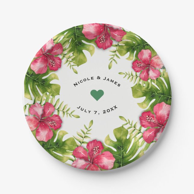 White Tropical Hibiscus Leaves Chic Wedding Party Paper Plates (Front)