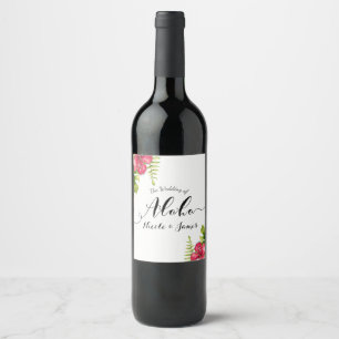 White Tropical Hibiscus Leaves Chic Wedding Wine Label