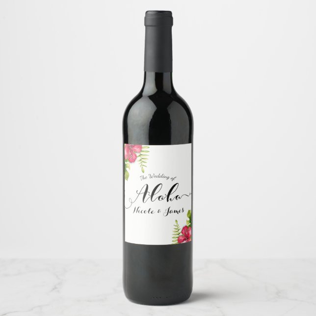 White Tropical Hibiscus Leaves Chic Wedding Wine Wine Label (Front)