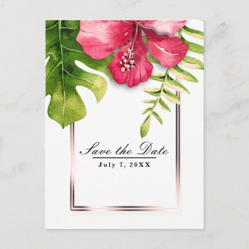 White Tropical Hibiscus Leaves Save the Date Announcement Postcard