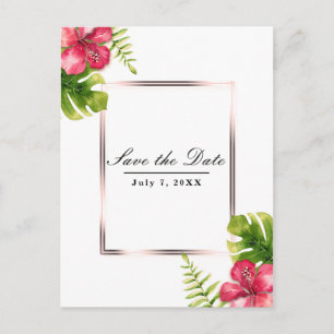 White Tropical Hibiscus Leaves Save the Date Announcement Postcard