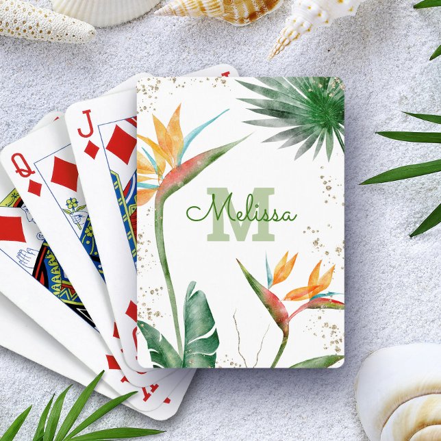 White Tropical Island Floral Monogram Script Gold Poker Cards (Creator Uploaded)