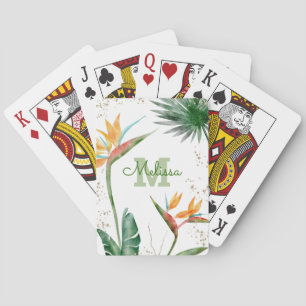 White Tropical Island Floral Monogram Script Gold Poker Cards
