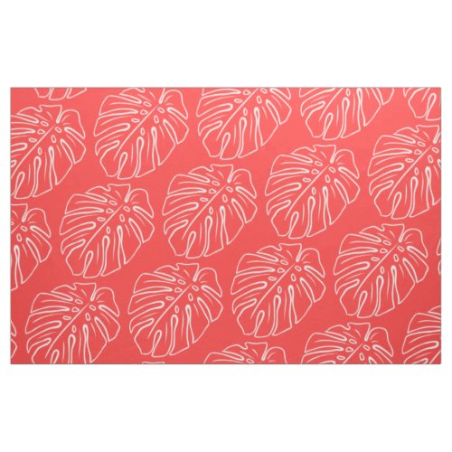 White Tropical Leaf Motif Coral Salmon Red Fabric