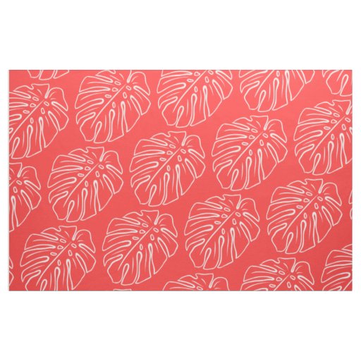 White Tropical Leaf Motif Coral Salmon Red Fabric