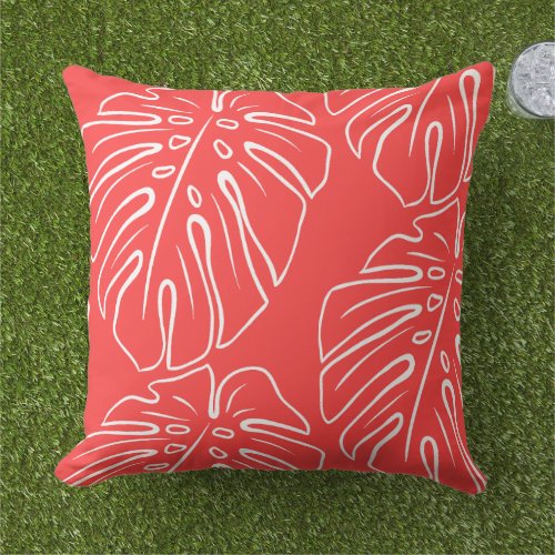 White Tropical Leaf Motif Coral Salmon Red Outdoor Pillow