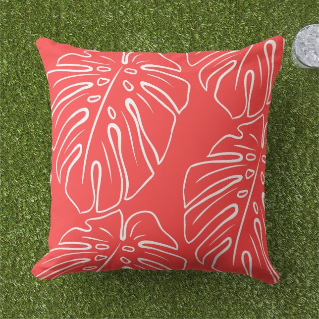 White Tropical Leaf Motif Coral Salmon Red Outdoor Pillow (Grass)