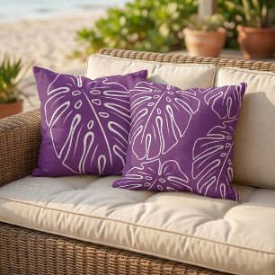 White Tropical Leaf Motif Dark Magenta Pink Purple Outdoor Pillow
