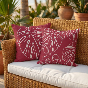 White Tropical Leaf Motif Dark Maroon Red Outdoor Pillow