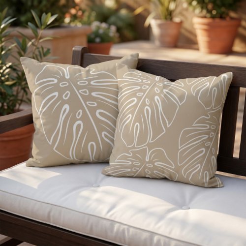 White Tropical Leaf Motif Khaki Taupe Beige Brown Outdoor Pillow