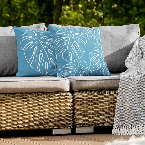 White Tropical Leaf Motif Light Summer Sky Blue Outdoor Pillow