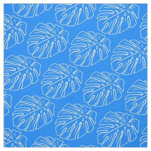 White Tropical Leaf Motif Mediterranean Azure Blue Fabric