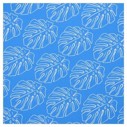 White Tropical Leaf Motif Mediterranean Azure Blue Fabric