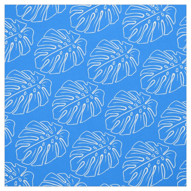 White Tropical Leaf Motif Mediterranean Azure Blue Fabric (Swatch)