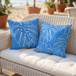 White Tropical Leaf Motif Mediterranean Azure Blue Outdoor Pillow