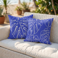 White Tropical Leaf Motif On Azure Persian Blue