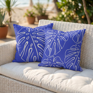 White Tropical Leaf Motif On Azure Persian Blue Outdoor Pillow