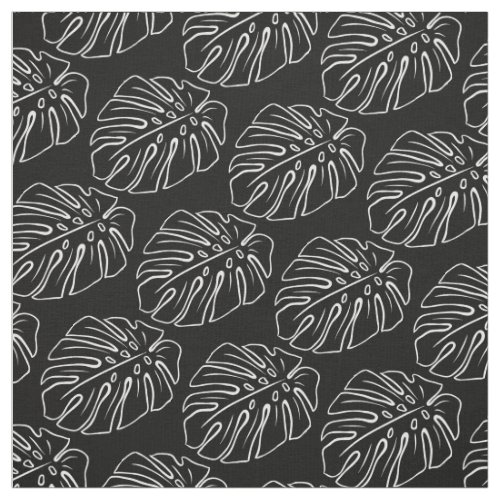 White Tropical Leaf Motif On Black Fabric