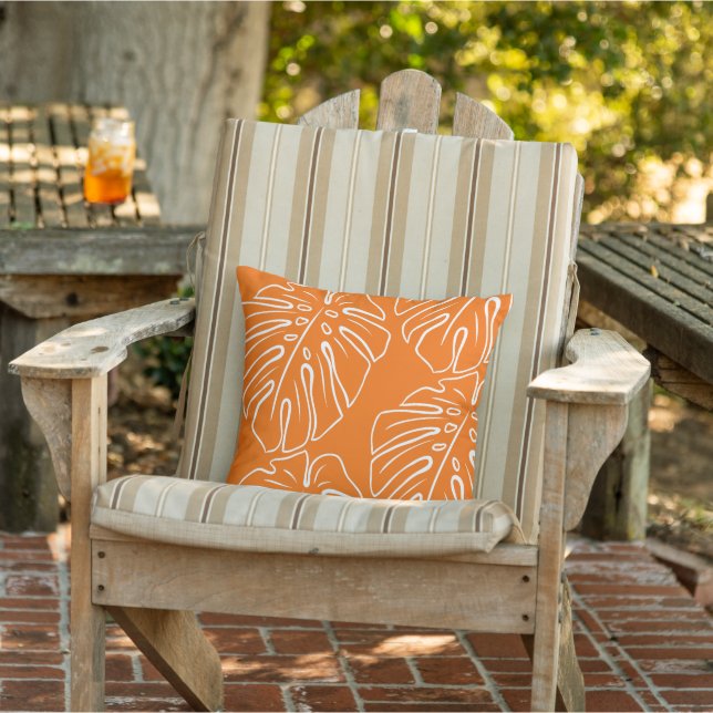 White Tropical Leaf Motif On Bright Orange Outdoor Pillow (Chair)