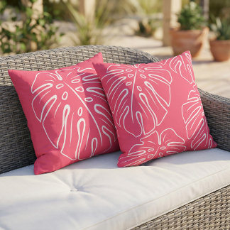 White Tropical Leaf Motif On Bright Raspberry Pink Outdoor Pillow