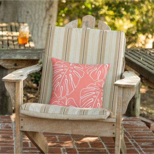 White Tropical Leaf Motif On Coral Red Orange Outdoor Pillow