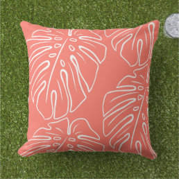 White Tropical Leaf Motif On Coral Red Orange Outdoor Pillow