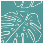 White Tropical Leaf Motif On Cyan Teal Blue Green Fabric