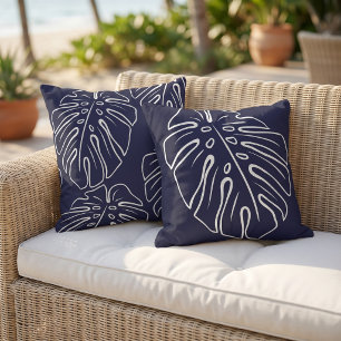 White Tropical Leaf Motif On Dark Navy Blue Outdoor Pillow