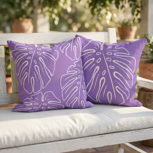 White Tropical Leaf Motif On Lavender Violet Outdoor Pillow