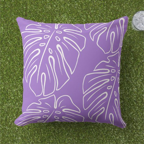 White Tropical Leaf Motif On Lavender Violet Outdoor Pillow