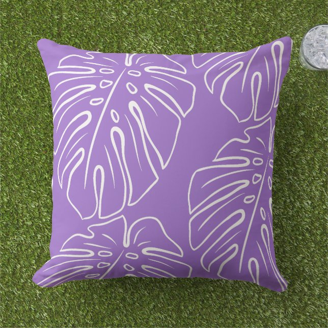 White Tropical Leaf Motif On Lavender Violet Outdoor Pillow (Grass)