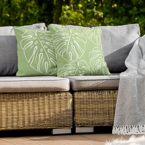 White Tropical Leaf Motif On Light Sage Green Outdoor Pillow