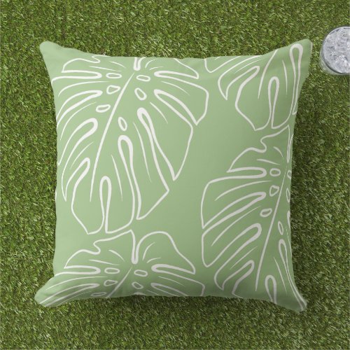 White Tropical Leaf Motif On Light Sage Green Outdoor Pillow