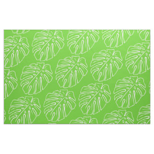White Tropical Leaf Motif On Lime Green Fabric