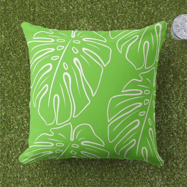 White Tropical Leaf Motif On Lime Green Outdoor Pillow (Grass)