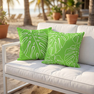White Tropical Leaf Motif On Lime Green Outdoor Pillow