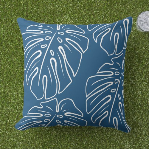 White Tropical Leaf Motif On Medium Dark Cyan Blue Outdoor Pillow