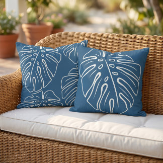 White Tropical Leaf Motif On Medium Dark Cyan Blue Outdoor Pillow